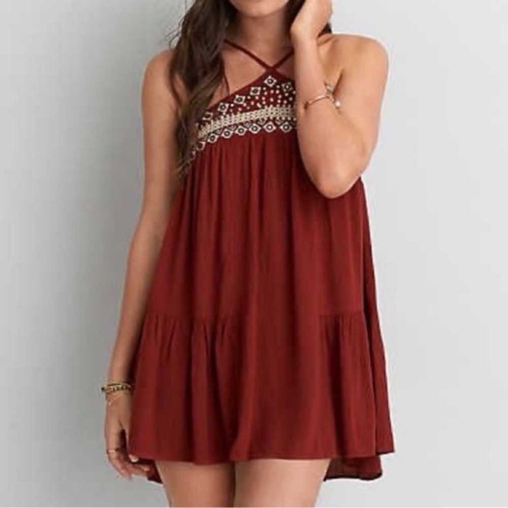 American Eagle bohemian-style rust red halter dress with sequin embroidery